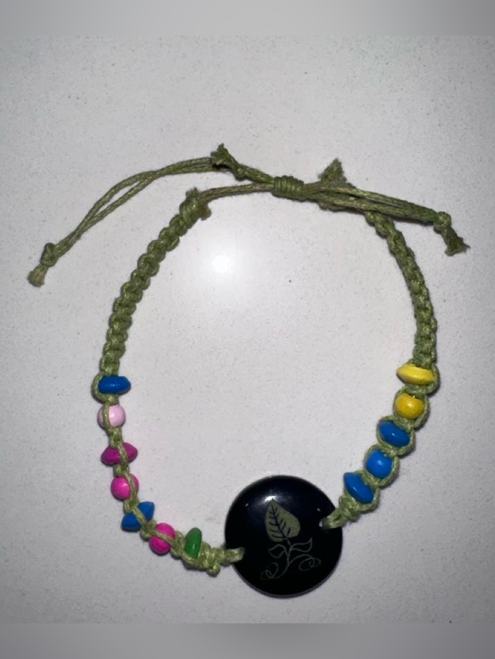 Prosperity Engraved Plant Leaf Macrame Beaded Pull String Bracelet
